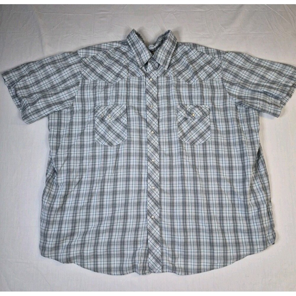 Wrangler Western Wear Shirt Mens Size 3XL Blue Plaid Short Sleeve Pearl Snap